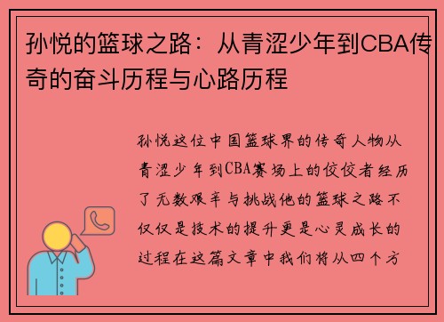 孙悦的篮球之路：从青涩少年到CBA传奇的奋斗历程与心路历程